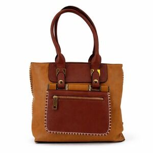 Clarks Brown Faux Leather Whipstitch Tote Bag Gold Hardware Tan Multi-Pocket